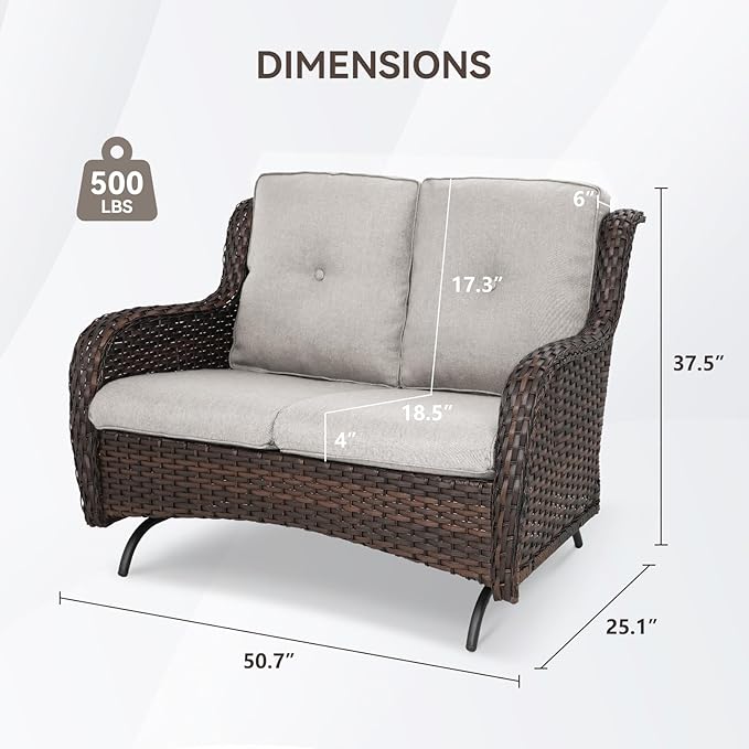 Patio Loveseat Wicker Loveseat Rattan Glider Sofa with Curved Armrest Thicking Back & Seat Cushions for Garden Balcony - Photo 3