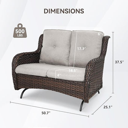 Patio Loveseat Wicker Loveseat Rattan Glider Sofa with Curved Armrest Thicking Back & Seat Cushions for Garden Balcony Backyard Brown Wicker|Beige Cushions (A) Patio Loveseat Glider