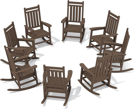 SERWALL HDPE Outdoor Rocking Chair Set of 8, Patio Rocking Chairs for Adults, All Weather Outdoor Rockers for Lawn, Coffee