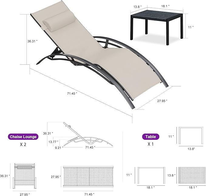 PURPLE LEAF Patio Oversized Chaise Lounge Chair Set with Side Table Pool Adjustable Recliner Chairs for Outside Beach - Photo 8