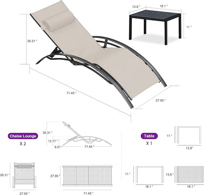 PURPLE LEAF Patio Oversized Chaise Lounge Chair Set with Side Table Pool Adjustable Recliner Chairs for Outside Beach Outdoor Sunbathing Tanning Poolside Lounges