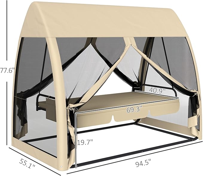 Outsunny 3-Seat Patio Swing Chair, Porch Swing Bed with Convertible Backrest, Cushion, Canopy - Photo 7