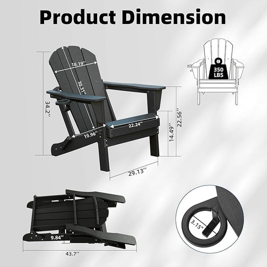 Domi Folding Adirondack Chairs Set of 8, HDPE All-Weather Outdoor Chairs with Cup Holder, Wooden Textured Fire Pit Chairs for Backyard, Patio, Poolside & Deck,Black