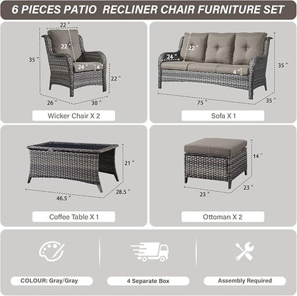 Belord Patio Wicker Sofa Set 6 Pieces Patio Furniture Set Outdoor Couch, 2 Patio Wicker Chairs with 1 Sofa, Coffee Table and Ottomans, Patio Conversation Set for Porch Garden Deck Balcony Poolside