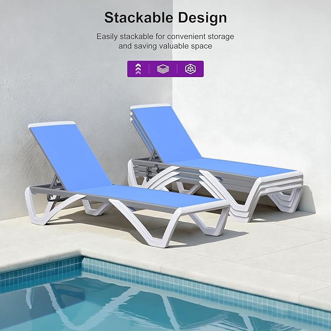 PURPLE LEAF Patio Chaise Lounge Chair Set of 3 Outside Aluminum Plastic Stackable Tanning Chairs for Pool Sunbathing Beach Deck Outdoor Lounger, Royal Blue