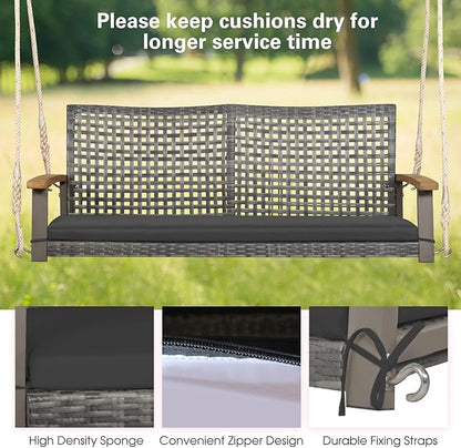Tangkula 2-Person Outdoor Porch Swing with 118" Hanging Ropes, Patiojoy PE Wicker Patio Hanging Swing Bench with Soft Seat Cushion & 800 Lbs Weight Capacity, Suitable for Patio, Garden (Black)