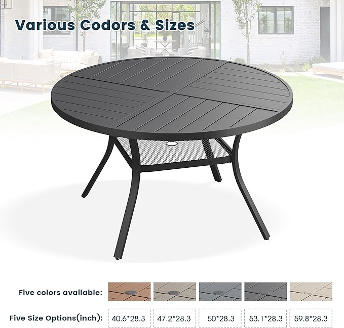 Patio Dining Table for 4-6, Round Metal Outdoor Table with Storage Shelf, 1.57" Umbrella Hole, 47" Outdoor Quartered Tabletop Dining Table for Backyard, Porch, Lawn, Black