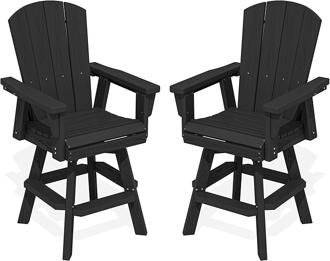 SERWALL Swivel Adirondack Bar Chairs Set of 2, HDPE Outdoor Swivel Barstools Chairs Set of 2 for Bistro, Poolside, Garden, Black