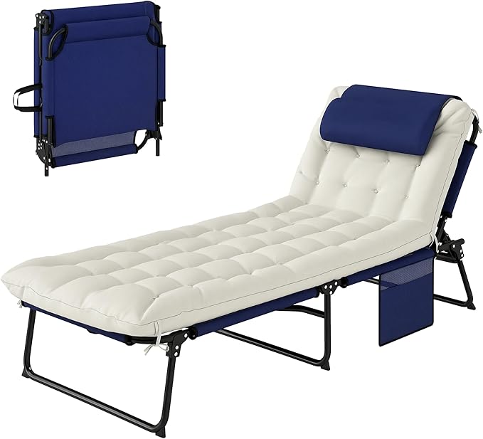 Outsunny Folding Chaise Lounge with 4-Level Reclining Back, Outdoor Tanning Chair with Cushion, Outdoor Lounge Chair with Breathable Mesh Fabric, Side Pocket, Headrest, Navy Blue