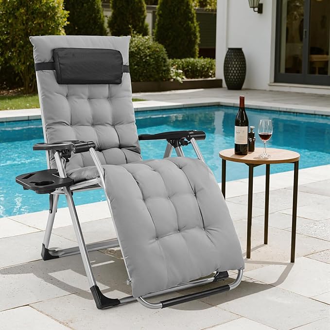 DUMOS Set of 4 Zero Gravity Chair, Reclining Camping Lounge Chair for Outdoor, Reclining Patio Chairs with Cup Holder Trays and Removable Cushion, Folding Recliner for Indoor, Grey