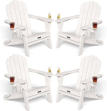 Adirondack Chairs Set of 4, Patio Chair, HDPE Fire Pit Chairs, Plastic Adirondack Chairs with 2 Cup Holder, Outdoor Lawn Chair for Patio Garden, White