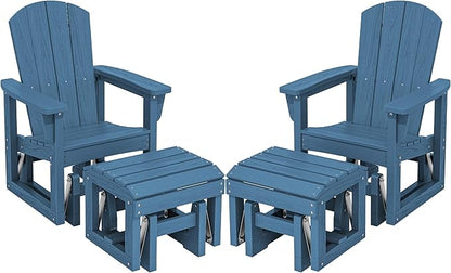 SERWALL Outdoor Glider Chair Set of 2 with Ottoman, HDPE Wood-Like Patio Glider Set All-Weather Porch Glider for Outside, Blue