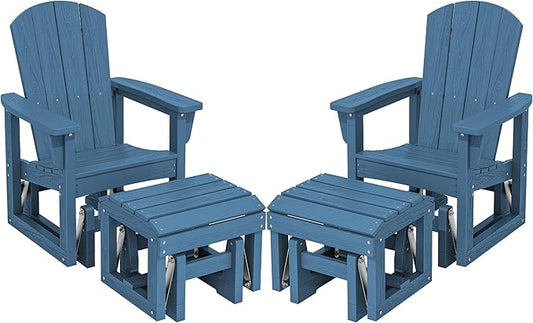 SERWALL Outdoor Glider Chair Set of 2 with Ottoman, HDPE Wood-Like Patio Glider Set All-Weather Porch Glider for Outside, Blue