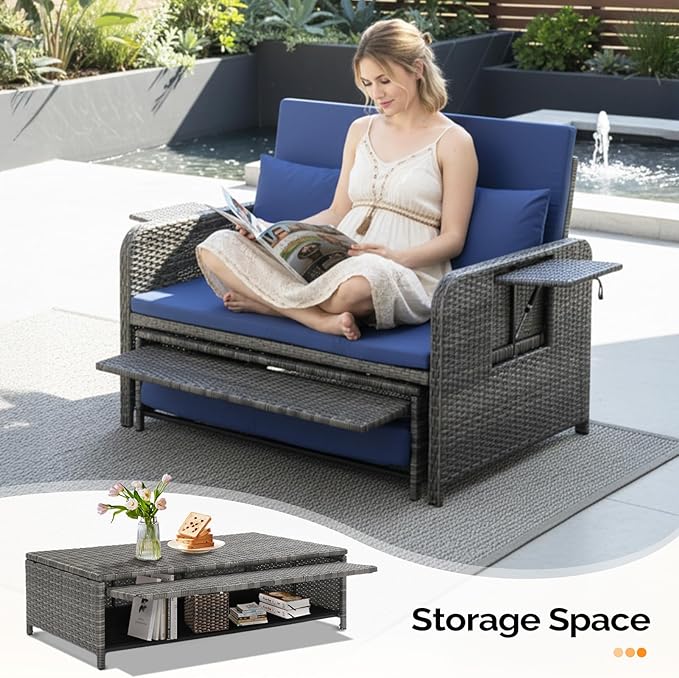 VINGLI Patio Daybed, Wicker Outdoor Daybed with Storage Ottoman & 5-Level Adjustable Backrest - Photo 7