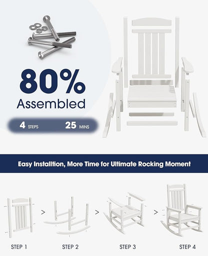 KINGYES Oversized Outdoor Rocking Chair with Cushion, All-Weather Patio Rocking Chairs, HDPE Porch Rocker for Adults, 350 lbs Capacity, White Chair with Flower Cushion