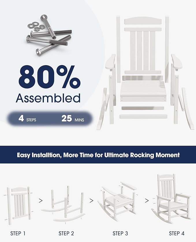 KINGYES Oversized Outdoor Rocking Chair with Cushion, All-Weather Patio Rocking Chairs, HDPE Porch Rocker for Adults, 350 lbs Capacity, White Chair with Grey Cushion