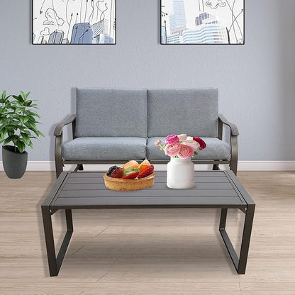 HomVent Outdoor Patio Furniture Love Seat and Coffee Table Set, Outdoor Bench Patio Loveseat Bench with Cushion and Metal Frame, Loveseat Furniture Set Sofa for Garden, Yard, Patio or Poolside (Gray)