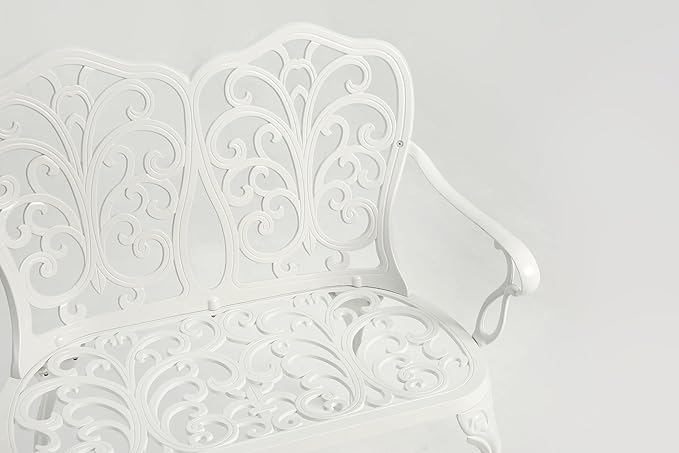 Patio Garden Bench Metal Park Bench Cast Aluminum Outdoor Furniture with Floral Rose for Patio,Park,Lawn,Yard White