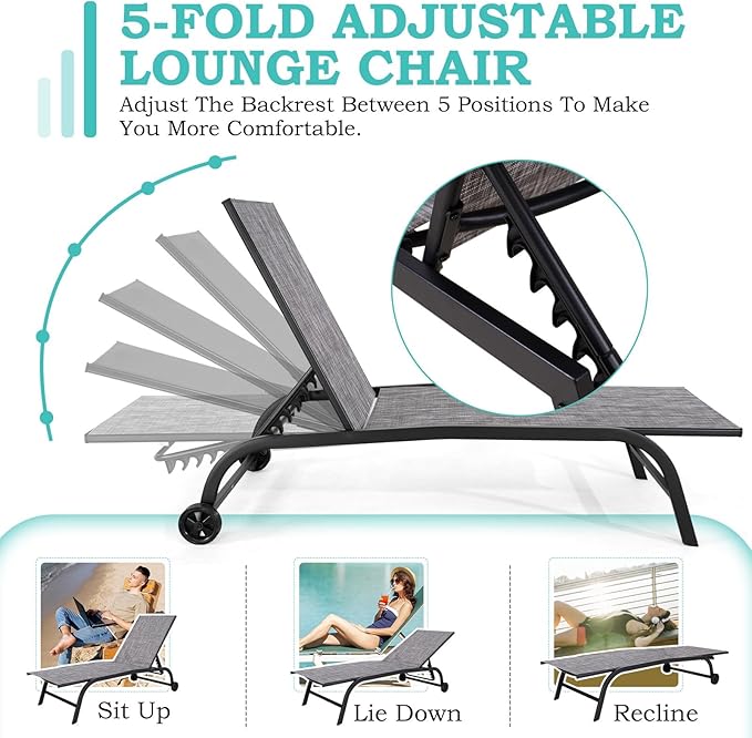 EROMMY Patio Chaise Lounge Chair Set of 2 with Table, Adjustable Backrest & Wheels, Oversized 26" W Outdoor Poolside Recliners for Garden, Deck, Lawn, Backyard