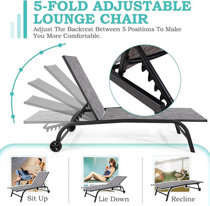 EROMMY Patio Chaise Lounge Chair Set of 2 with Table, Adjustable Backrest & Wheels, Oversized 26" W Outdoor Poolside Recliners for Garden, Deck, Lawn, Backyard