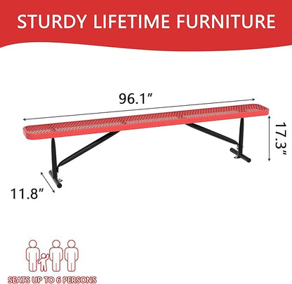 8 Feet Heavy Duty Metal Park Bench for Outside, Outdoor Bench with Portable Frame, Commercial Benches for Shopping Mall, Store, Park, Patio, Deck, Red
