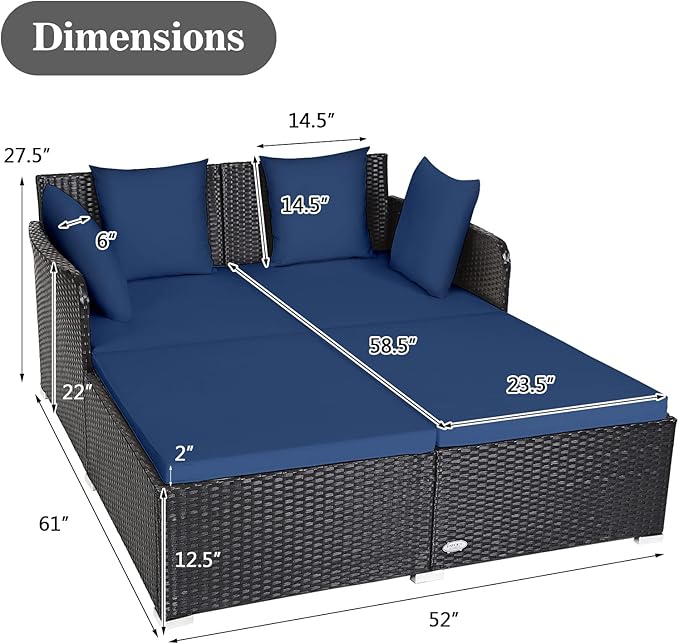 COSTWAY Outdoor Patio Rattan Daybed, Sponge Cushioned Loveseat Sofa with 4 Pillows, Wicker Furniture Sunbed for Balcony - Photo 3