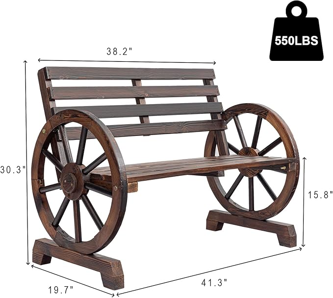 Wagon Wheel Bench, Wooden Outdoor Bench 2-Person Seat, Rustic Patio Benches with Backrest for Porch, Garden Brown 19.7inchD x 41.3inchW x 30.3inchH