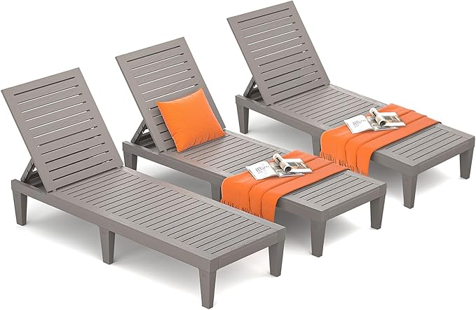 Outdoor Lounge Chairs Set of 3 for Poolside Patio, Weather-Resistant Pool Chaise Lounge with Adjustable Backrest, Resin Tanning Chair Sun Lounger for Outside Deck, Beach, Sunbathing, Taupe