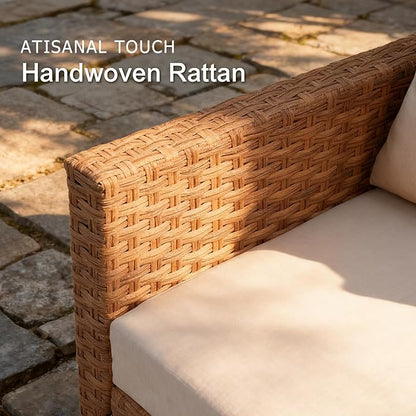 SUNSITT 3-Pieces Patio Furniture Set, Outdoor Wicker Swivel Rocker Chairs with Wood Top Side Table & Thick Comfy Cushions, for Porch, Balcony, Deck, Natural Rattan Color