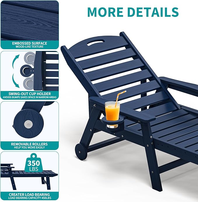 Plawdlik Oversized Patio Chaise Lounge Set of 2, 5 Positions Adjustable HDPE Outdoor Lounge Chair with Rolling Wheels & Cup Holder,All-Weather for Poolside, Beach, Garden - Navy Blue