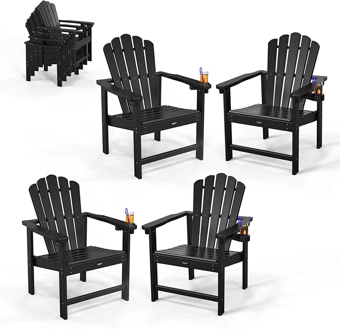 VINGLI Plastic Folding Adirondack Chair with Cup Holder, 100% Recyclable HDPE Material, Comfortable 380lb Weight Capacity for Outdoor Pool Patio Lounge Chair Lawn Furniture Fire Pit, 4 Pack, Black