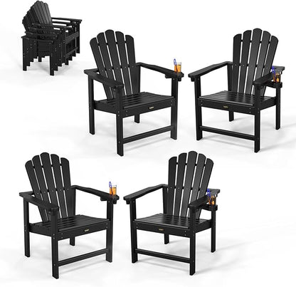 VINGLI Plastic Folding Adirondack Chair with Cup Holder, 100% Recyclable HDPE Material, Comfortable 380lb Weight Capacity for Outdoor Pool Patio Lounge Chair Lawn Furniture Fire Pit, 4 Pack, Black