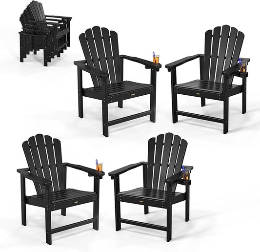 VINGLI Plastic Folding Adirondack Chair with Cup Holder, 100% Recyclable HDPE Material, Comfortable 380lb Weight Capacity for Outdoor Pool Patio Lounge Chair Lawn Furniture Fire Pit, 4 Pack, Black