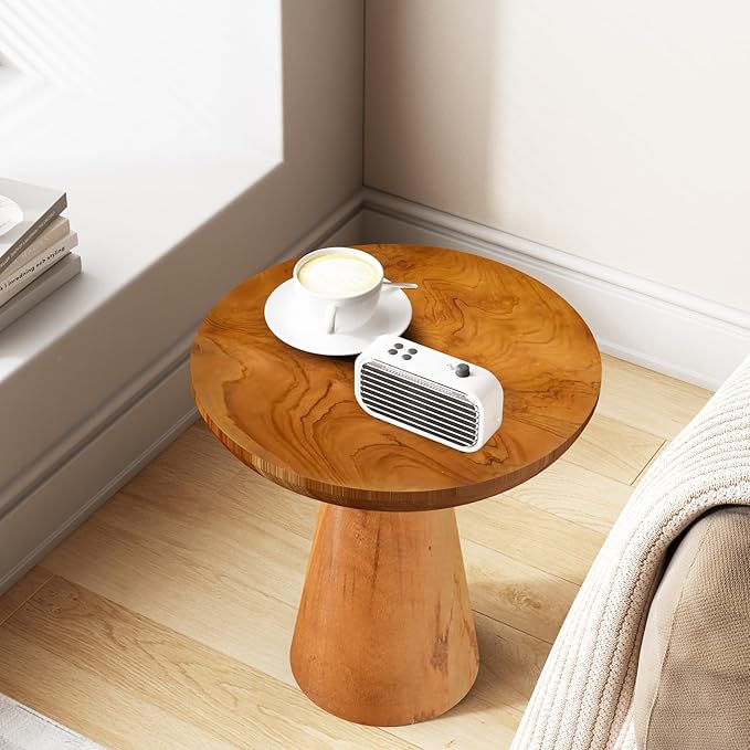 Mushroom Side Table, Teak Stool, Natural Plant Stand, 14" Tall Wood Round Coffee Table for Living Room, Bedroom, Garden, Yard