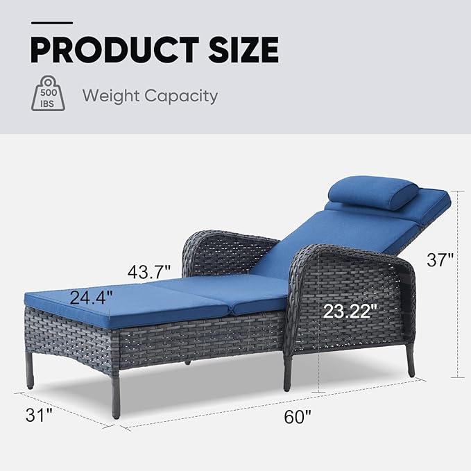 Belord Wicker Outdoor Chaise Lounge Patio Recliner - 75 Inch Adjustable Chaise Lounge with Soft Pillow Removable Cushions, All Weather Rattan Pool Lounge Chair for Poolside Deck - Gray/Blue