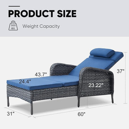 Belord Wicker Outdoor Chaise Lounge Patio Recliner - 75 Inch Adjustable Chaise Lounge with Soft Pillow Removable Cushions, All Weather Rattan Pool Lounge Chair for Poolside Deck - Gray/Blue