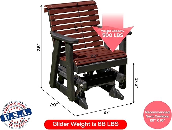 Amish Craftsmanship Made in USA 2FT Heavy Duty Poly Lumber Wood Porch Patio Glider HDPE with No Wood fibers Lancaster Series Rollback Design 500 lbs Limit Cherry on Black