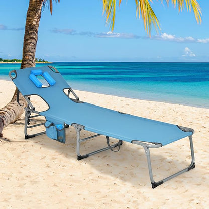 COSTWAY Folding Beach Lounge Chair, Tanning Chair with Face Hole, 5-Position Adjustable Backrest, Pillow & Side Pocket, Foldable Chaise Lounge Outdoor for Sunbathing, Camping (2, Blue)