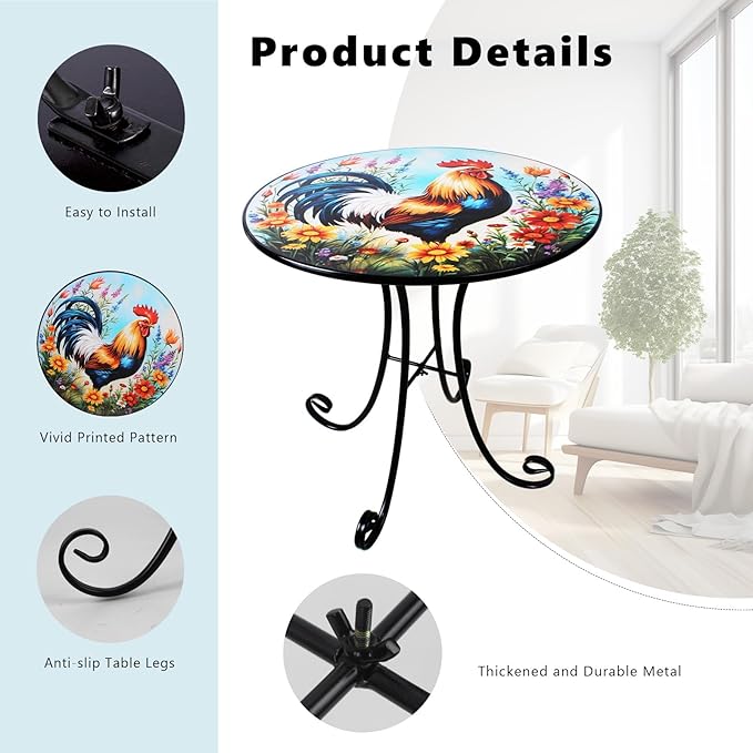 Outdoor Side Table, 18" Rooster Round Accent Table, Metal Indoor Small End Tables, Plant Stand Tables for Patio Yard Balcony Garden Bedside