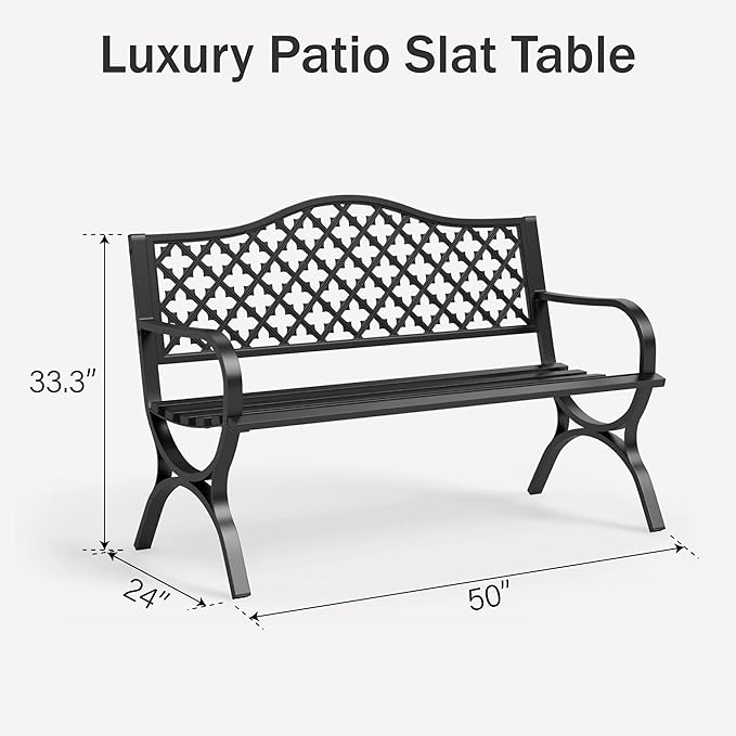 PHI VILLA 50" Garden Metal for Outdoors Weatherproof 2-Person Steel Furniture for Garden, Patio, Porch, Black - Photo 2