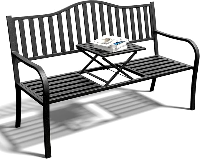 2 in 1 Metal Bench Patio Bench, Outdoor Benches Weatherproof with Folding Middle Table, Wrought Iron Garden Benches for Outdoors, Patio, Garden, Park