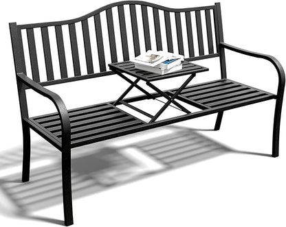 2 in 1 Metal Bench Patio Bench, Outdoor Benches Weatherproof with Folding Middle Table, Wrought Iron Garden Benches for Outdoors, Patio, Garden, Park