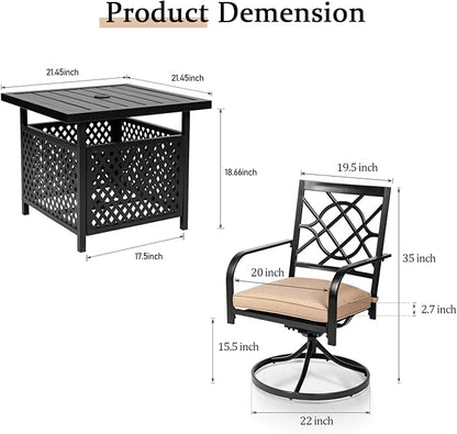 SUNCROWN 3 Pieces Outdoor Dining Swivel Chairs Set Metal Frame Patio Bistro Chairs with Brown Cushions and Patio Side Table for Garden, Backyard