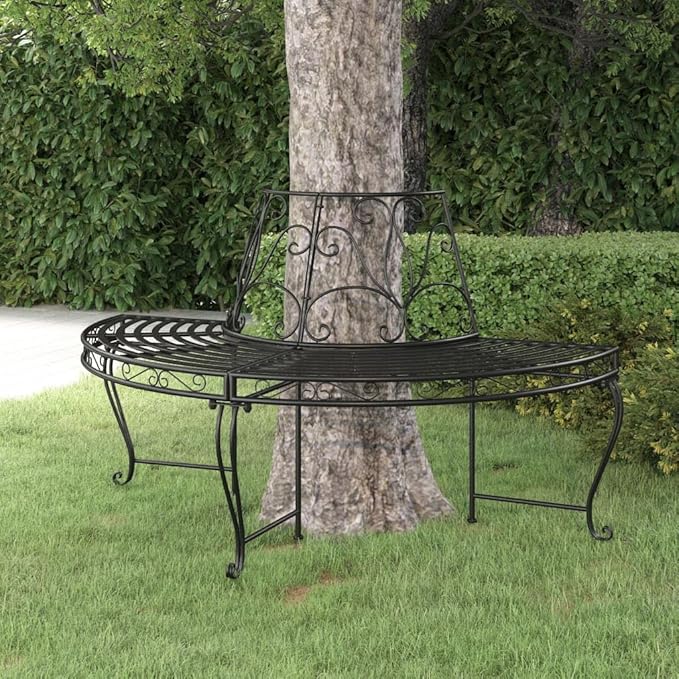 Black Steel Half Round Tree Bench with Decorative Inlays, Outdoor Garden Bench for Relaxation, Spacious Seating for Three, Durable Powder-Coated Rust-Resistant Patio Furniture