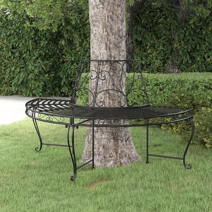 Black Steel Half Round Tree Bench with Decorative Inlays for Outdoor Garden Patio Seating, Spacious 63.0 in Width Design for Relaxation, Sturdy Powder-Coated Frame