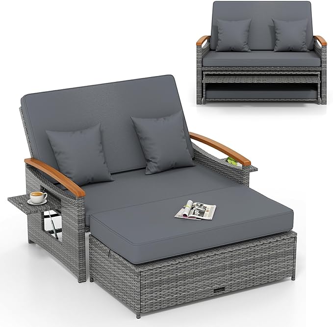 LDAILY Moccha Outdoor Wicker Daybed, Patio Rattan Loveseat Sofa w/ 4-Level Adjustable Backrest, Folding Panels, Storage Ottoman & Cushions, Lounge Furniture Set for Poolside Backyard Porch (Grey)
