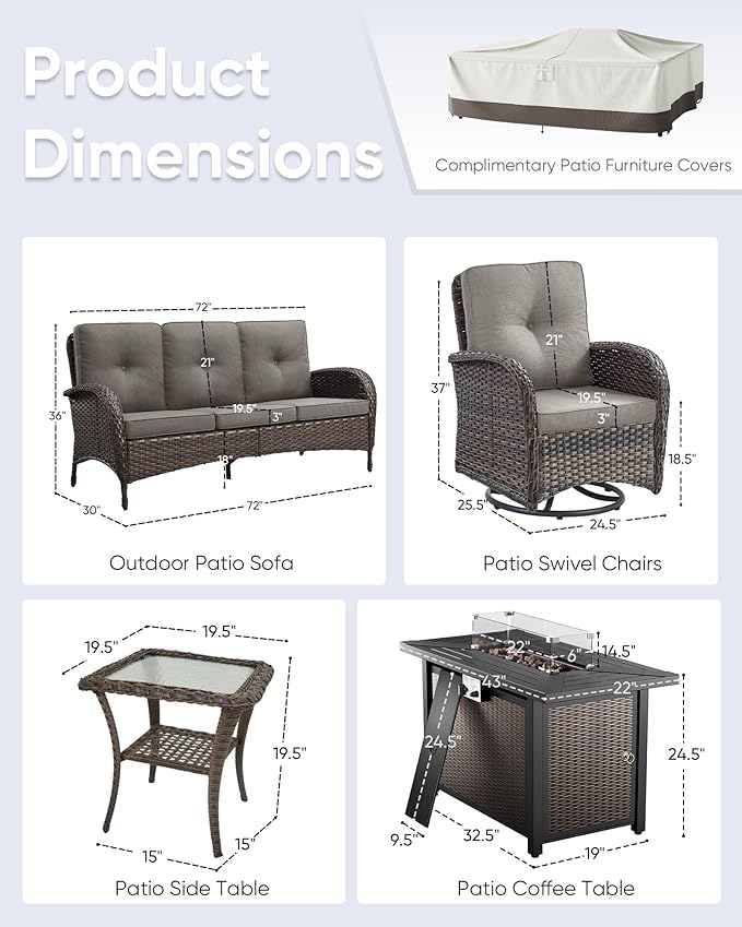 5 Pieces Patio Furniture Set with Fire Pit Table-All Weather Rattan Wicker Outdoor Couch with Outdoor Swivel Chair Outdoor Furniture for Deck Porch Garden Balcony Poolside-Brown/Grey
