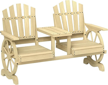 Outsunny Wooden Garden Bench with Table, Umbrella Hole, 2-Seat Wagon Wheel Outdoor Bench with Slatted Seat, High Backrest, Armrests for Backyard, Patio, Garden, Natural Wood