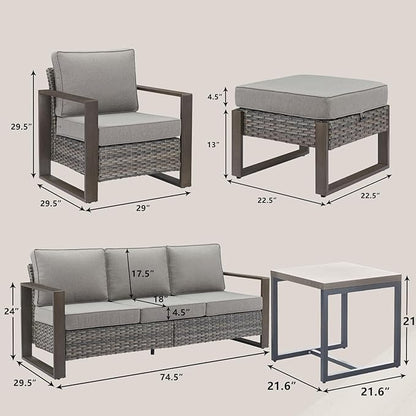 Outdoor Wicker Patio Furniture Set - 6 Piece Patio Conversation Set with 2 Wicker Armrest Chairs,2 Rattan Ottoman,1 Side Table and 1 Couch,Sturdy Frame,Thick Cushions,Deep Seating(Mixed Grey/Grey)
