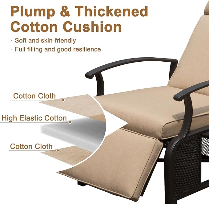 Domi Adjustable Patio Recliner Chair Metal Outdoor Lounge Chair with Flip Table Push Back, Adjustable Angle, Removable Cushions, Support 350lbs, Beige